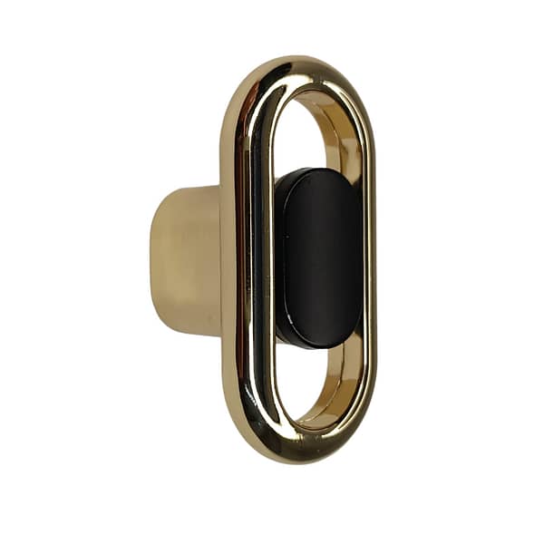 Puxador Mobiliário Ovalado Vazado de Liga de Zinco Dourado e Preto - 51mm. Código: LIQ.0051.DOU.PRE.RET